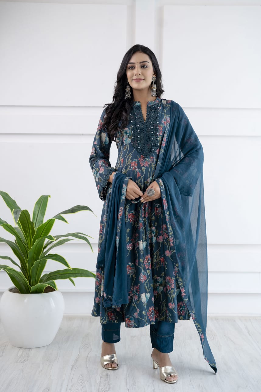 Vihaa Floral Printed Pakistani Style Teal Blue Anarkali Suit Set