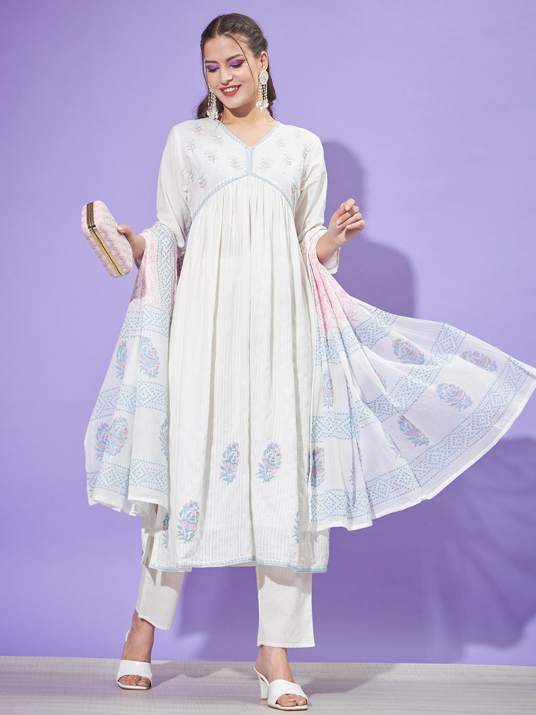 Akira White thread embroidered Alia Pattern suit set