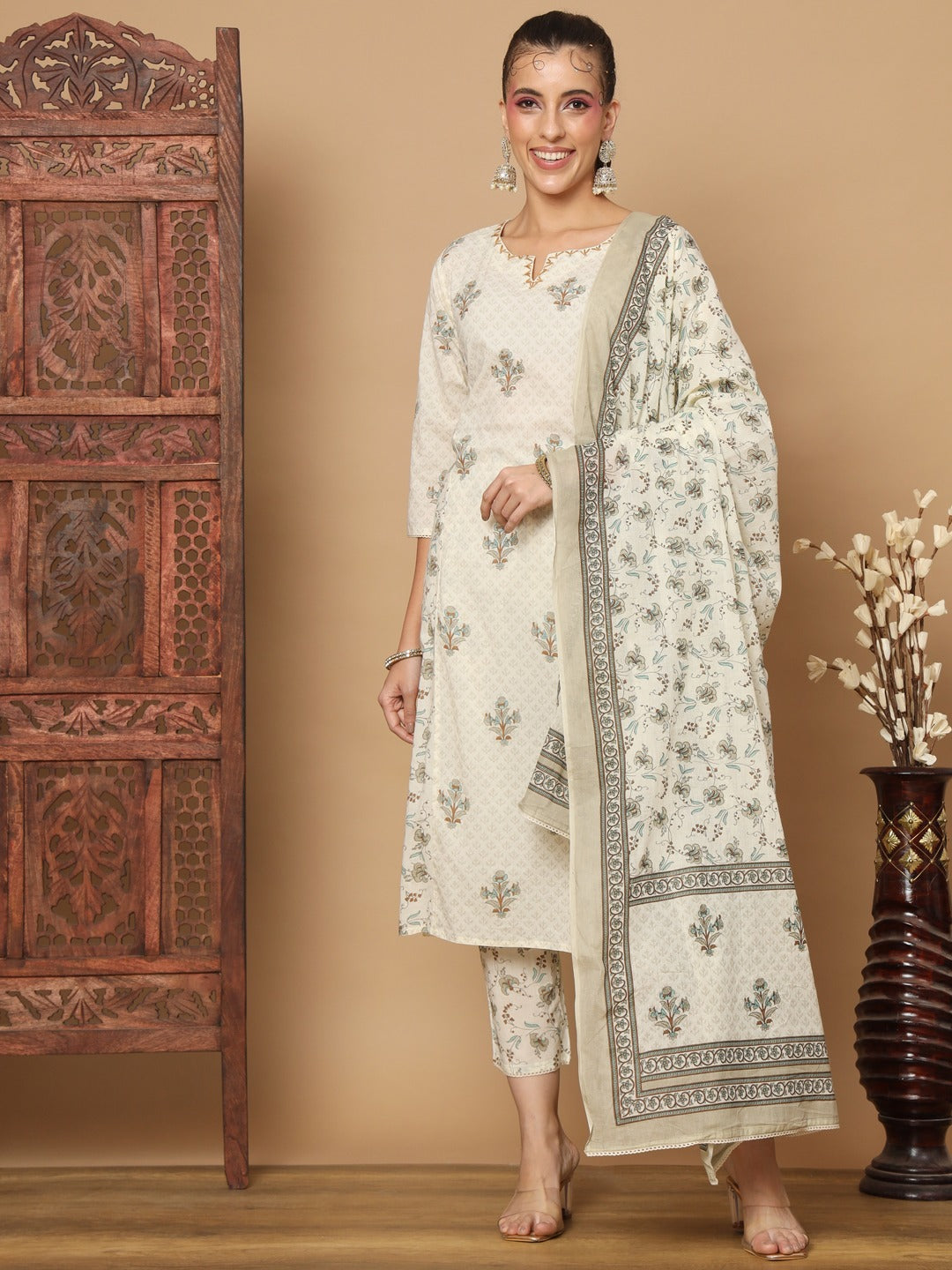 Kiara Block Printed Off White Straight Suit Set