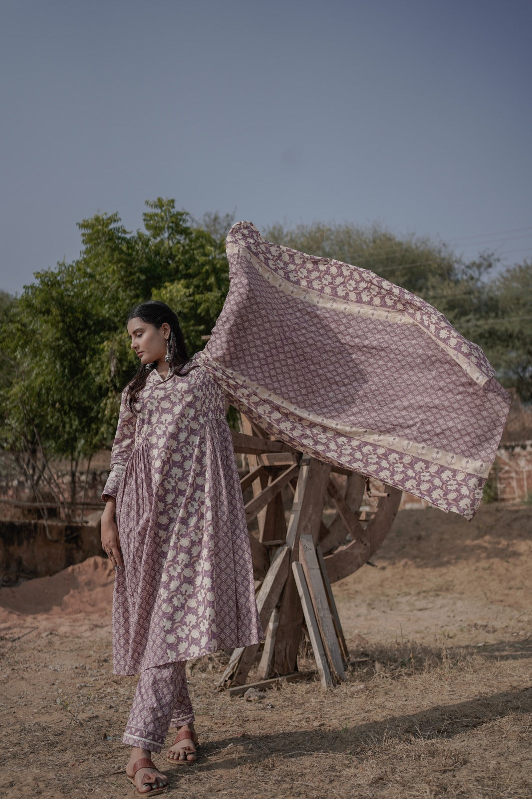 Vihaa Lavender Block printed embroidered Frock Suit Set