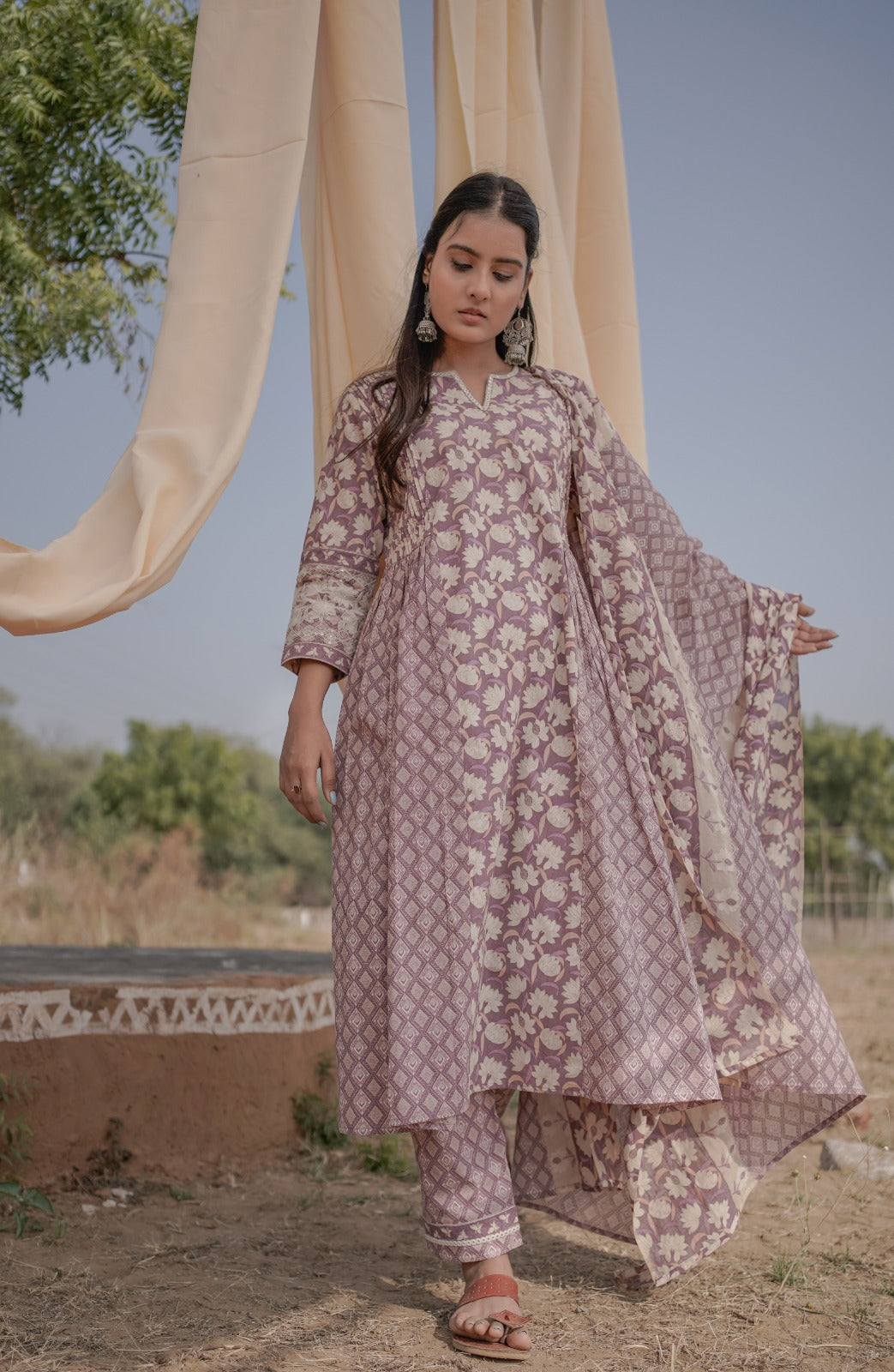 Vihaa Lavender Block printed embroidered Frock Suit Set