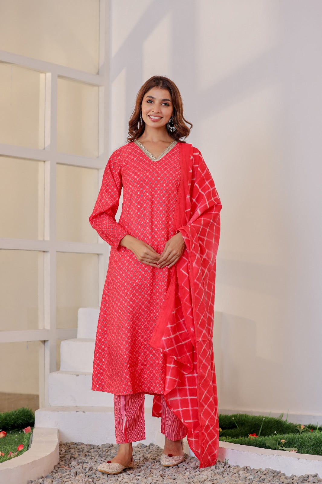 Vihaa Festive Bandhani Red A-Line Suit Set