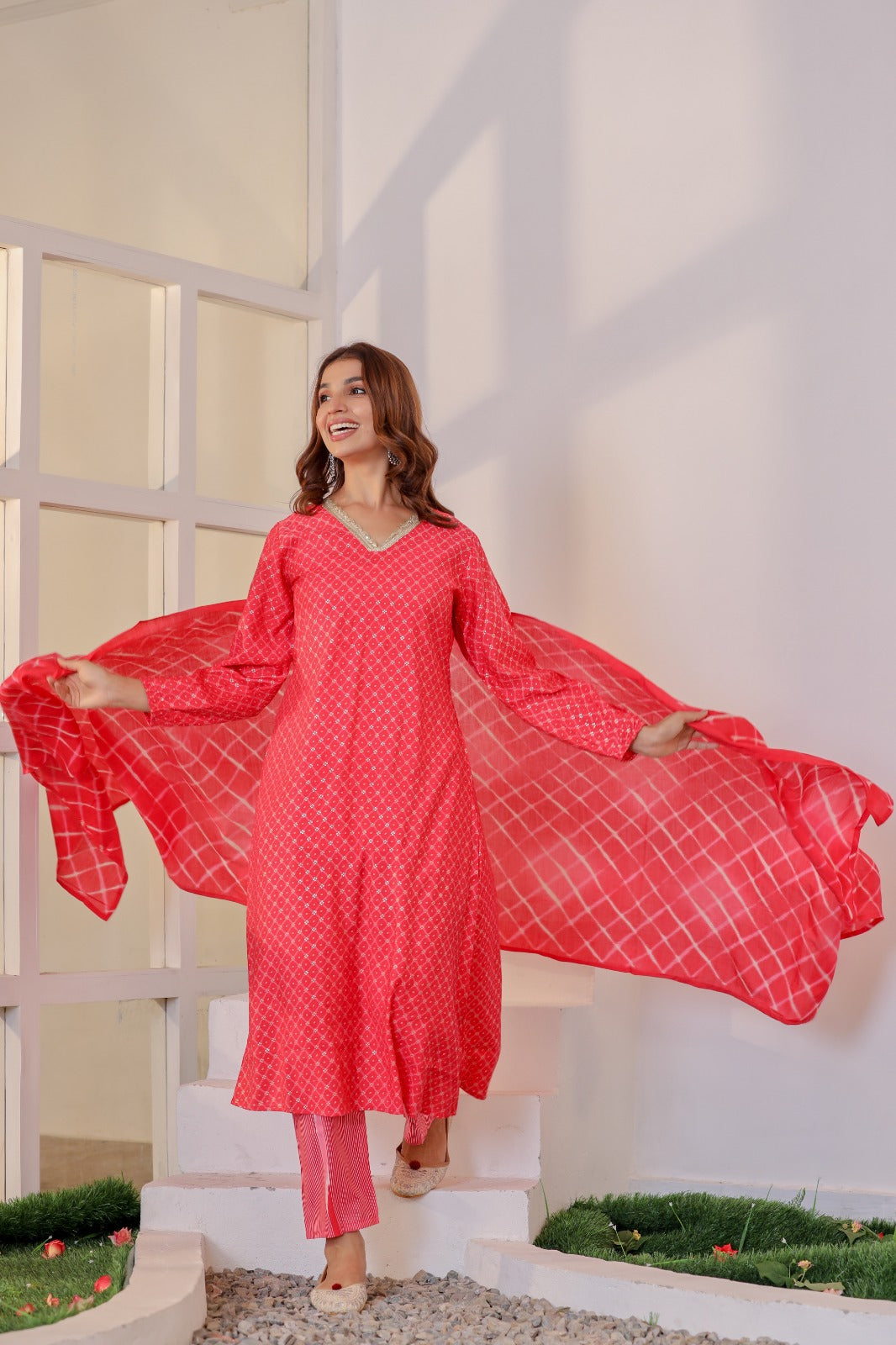 Vihaa Festive Bandhani Red A-Line Suit Set