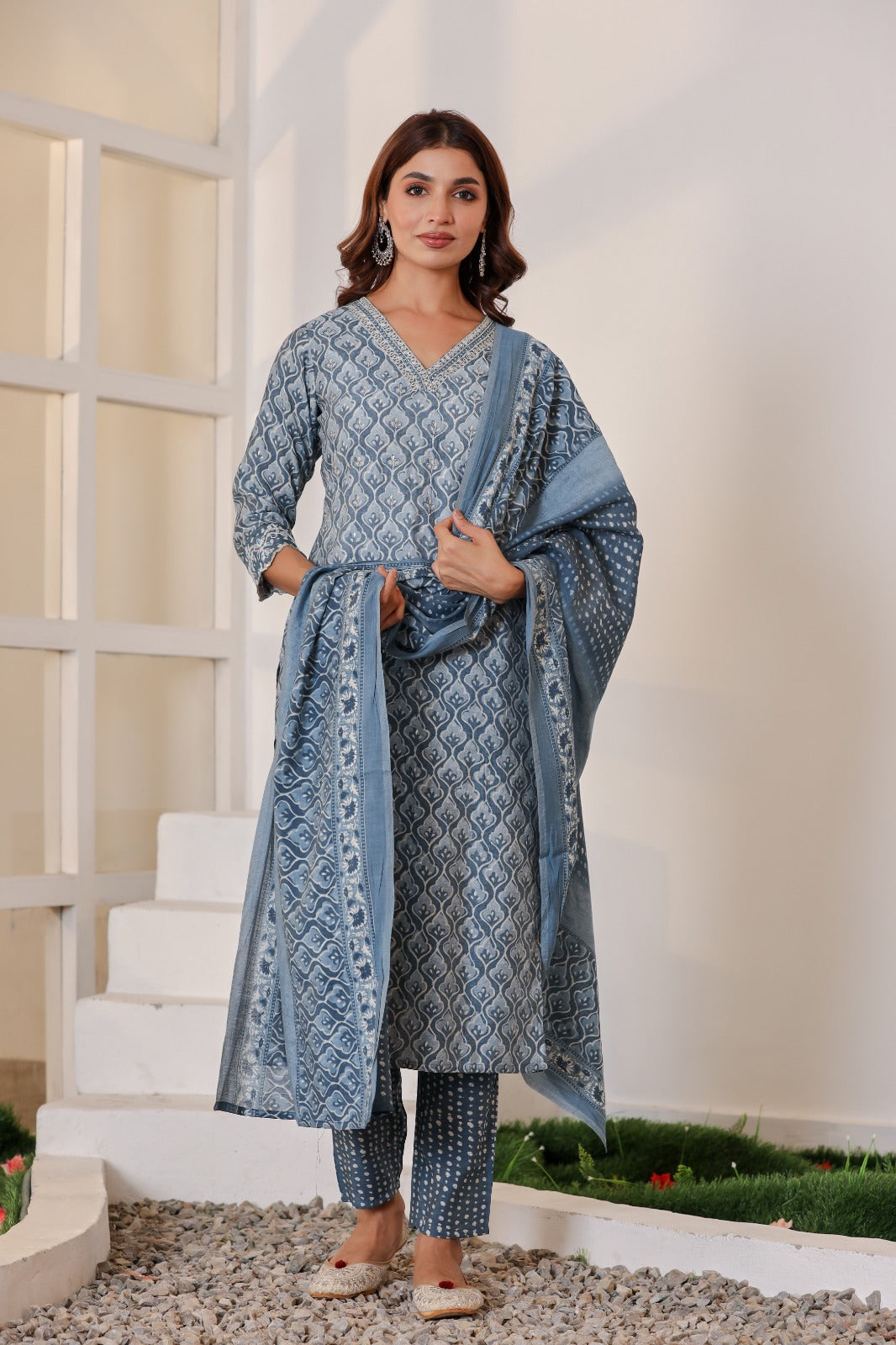 Vihaa Blue Block printed embroidered straight Suit Set