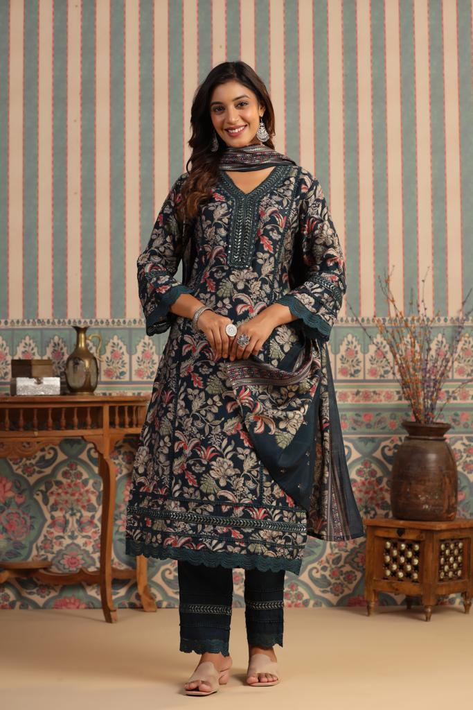 Vihaa Floral Printed Teal Pakistani Style Suit Set