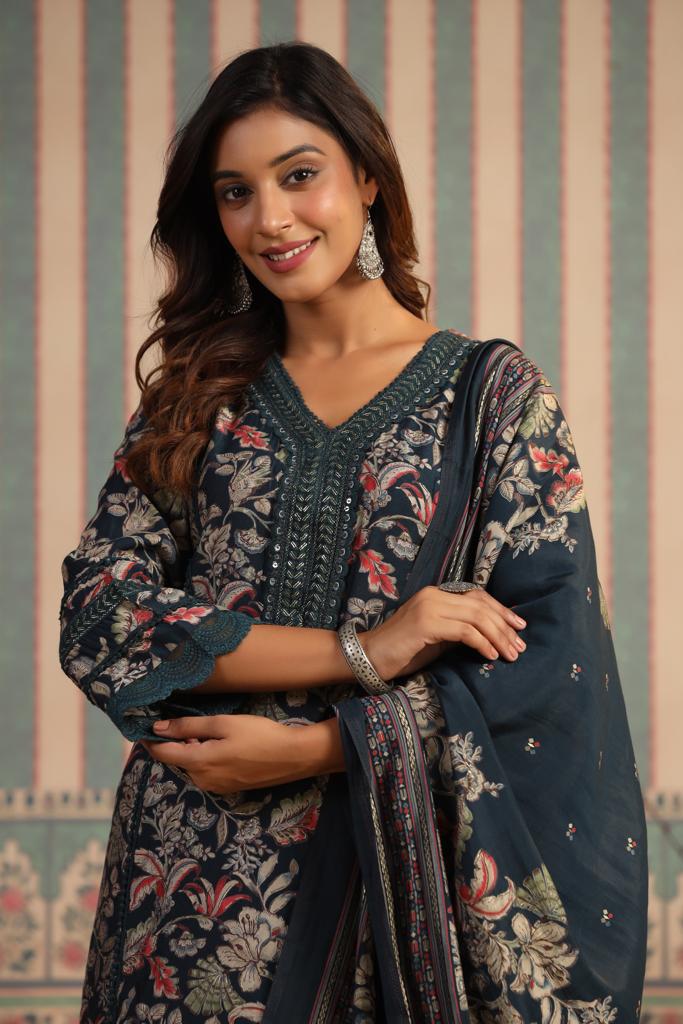 Vihaa Floral Printed Teal Pakistani Style Suit Set