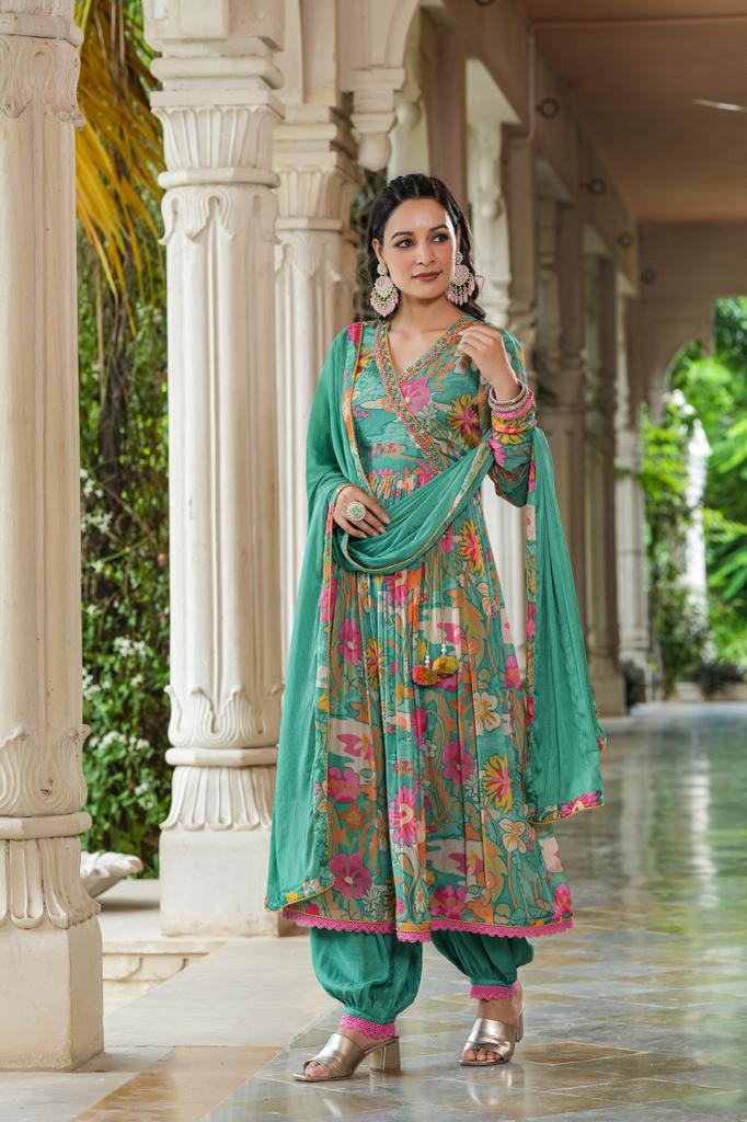 Vihaa Floral Printed Green Anarkali Afghani Suit Set