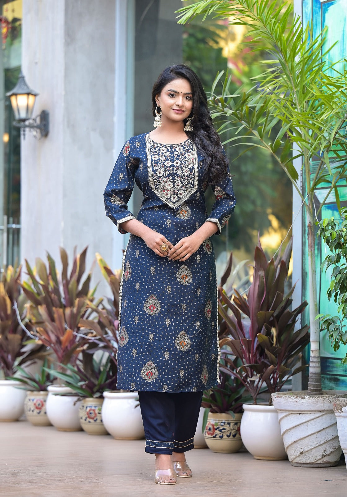 Vihaa Blue and Maroon Block printed embroidered straight Suit Set