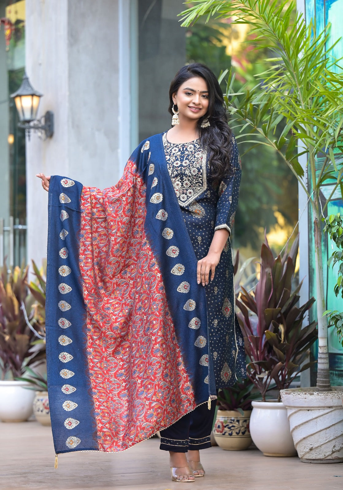 Vihaa Blue and Maroon Block printed embroidered straight Suit Set