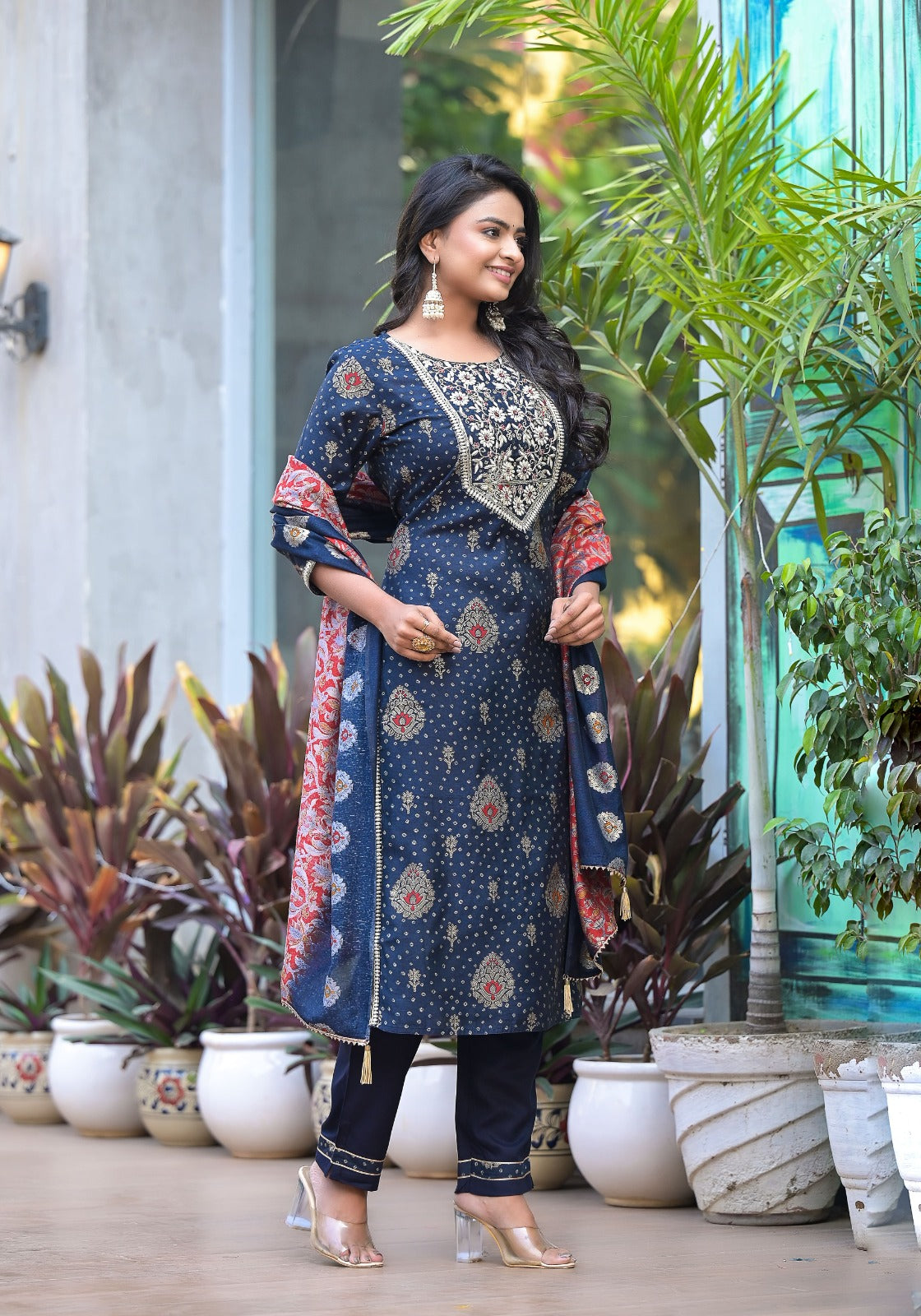 Vihaa Blue and Maroon Block printed embroidered straight Suit Set