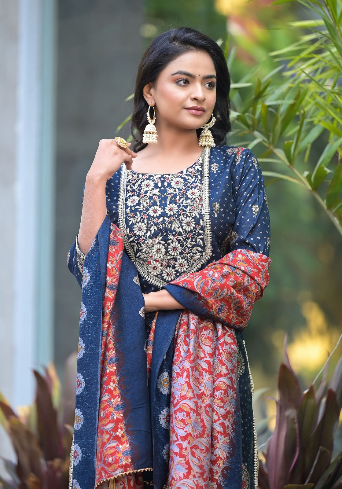 Vihaa Blue and Maroon Block printed embroidered straight Suit Set