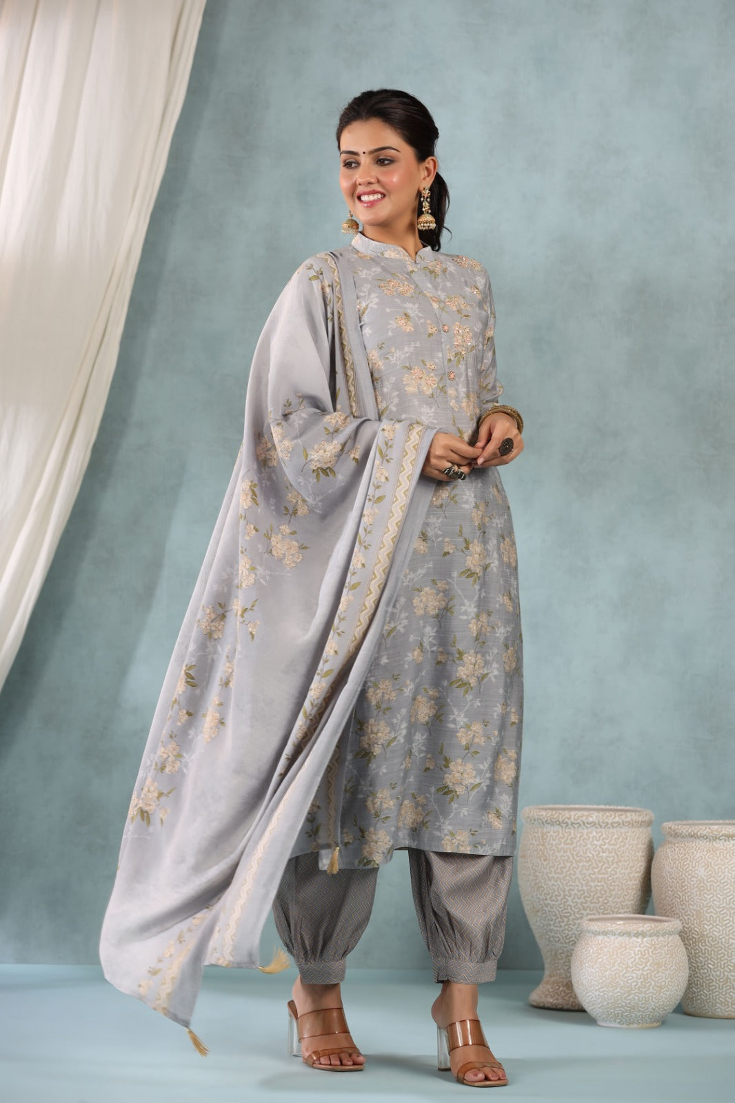 Vihaa Floral Printed Grey embroidered straight Suit Set