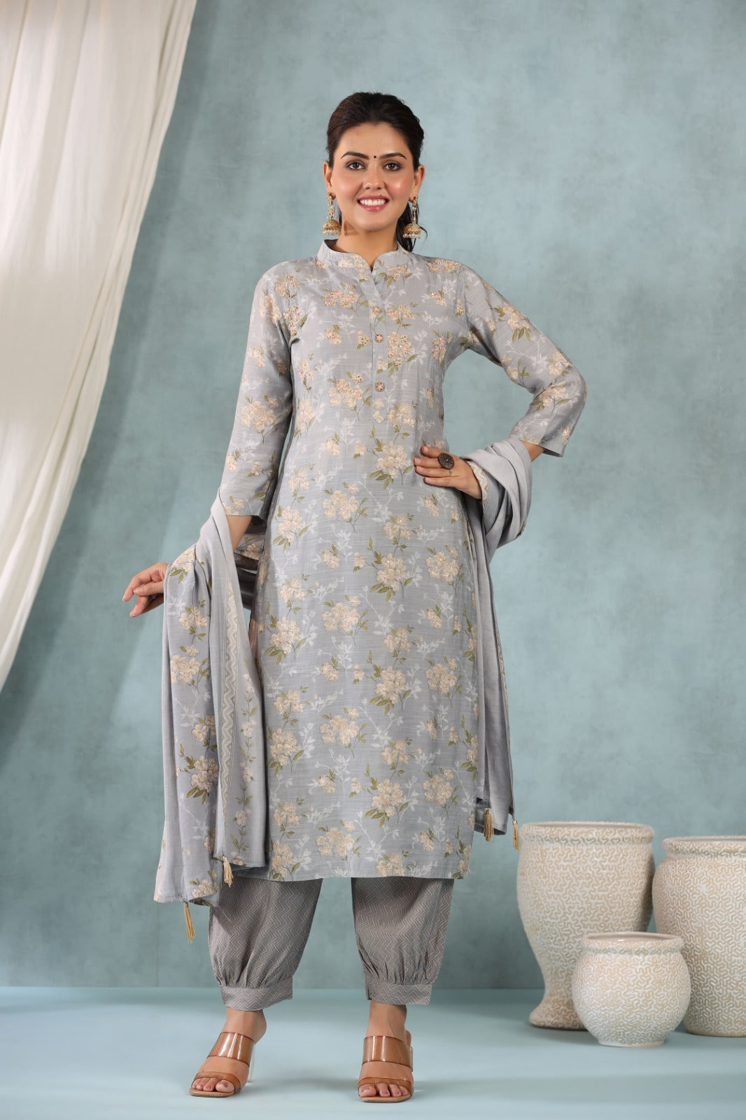 Vihaa Floral Printed Grey embroidered straight Suit Set