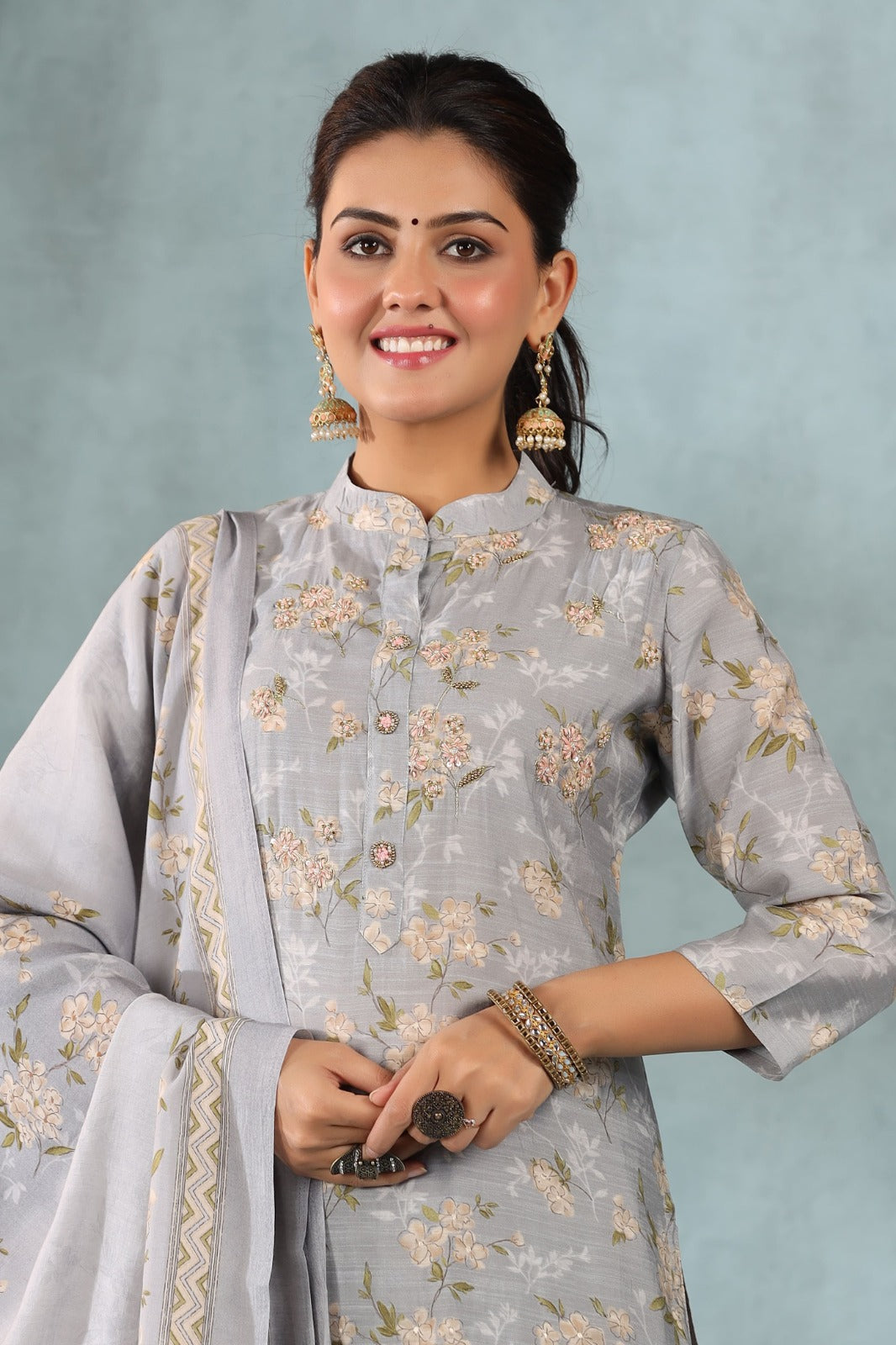 Vihaa Floral Printed Grey embroidered straight Suit Set