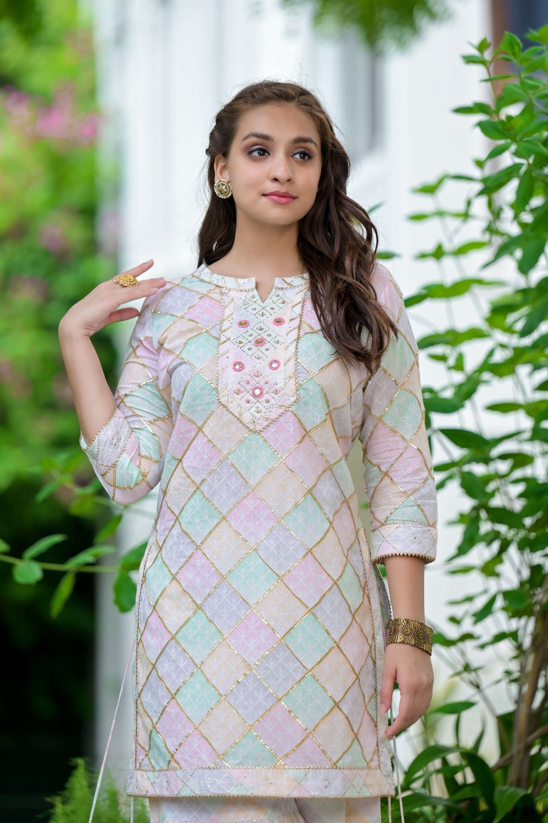 Kiara White Multicolor Block Printed shrara suit set