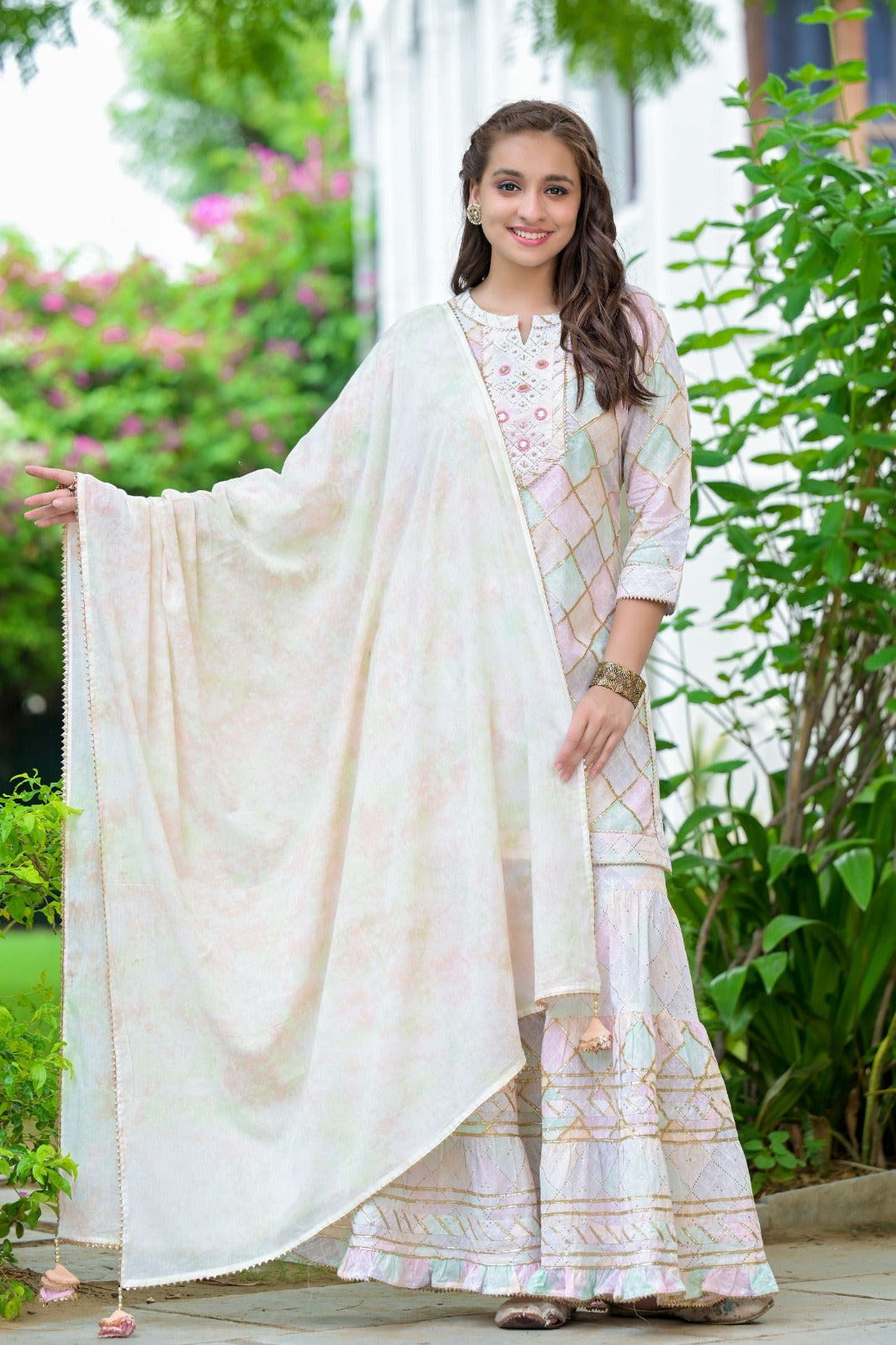 Kiara White Multicolor Block Printed shrara suit set