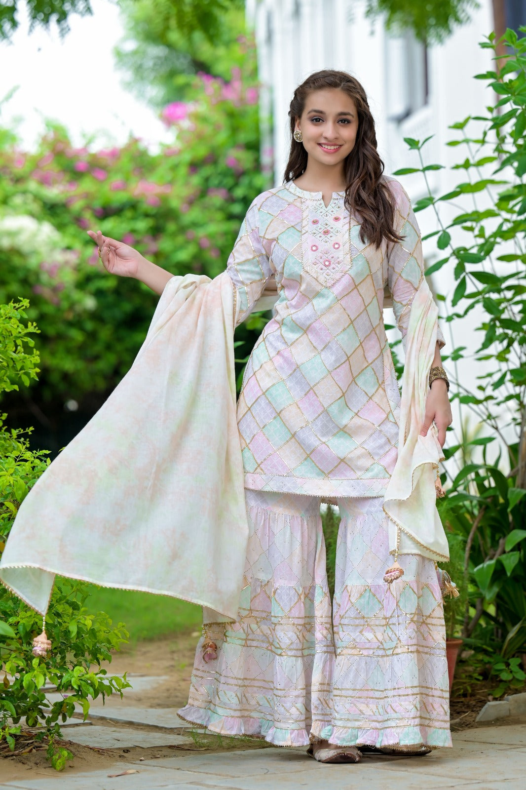 Kiara White Multicolor Block Printed shrara suit set