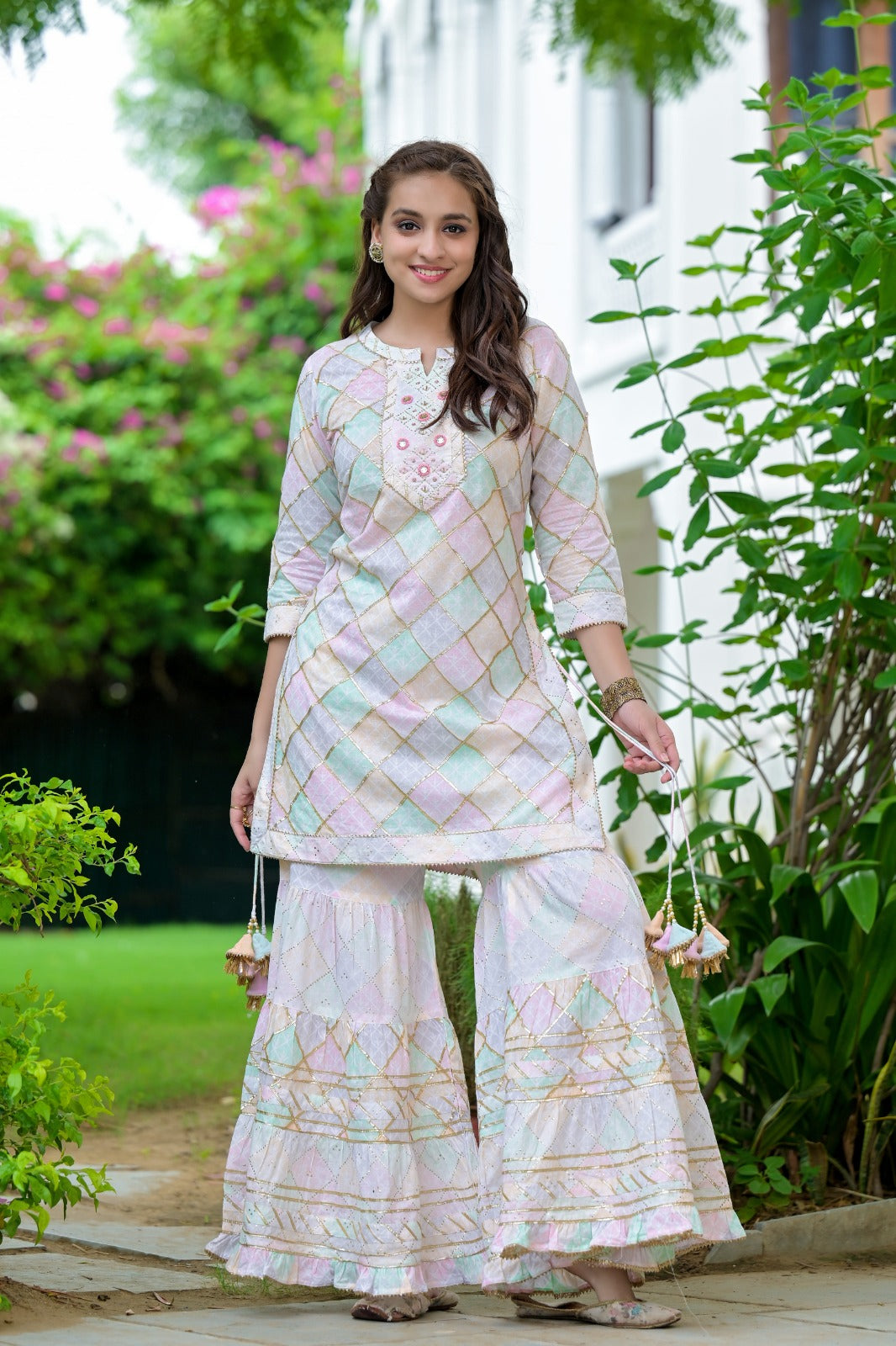 Kiara White Multicolor Block Printed shrara suit set