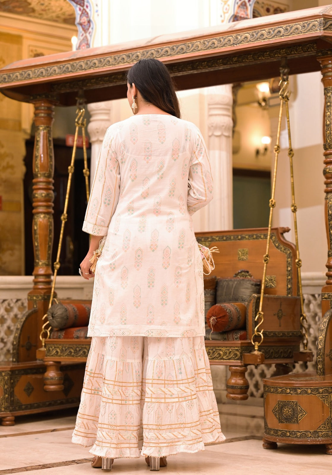 Kiara White Block Printed shrara suit set