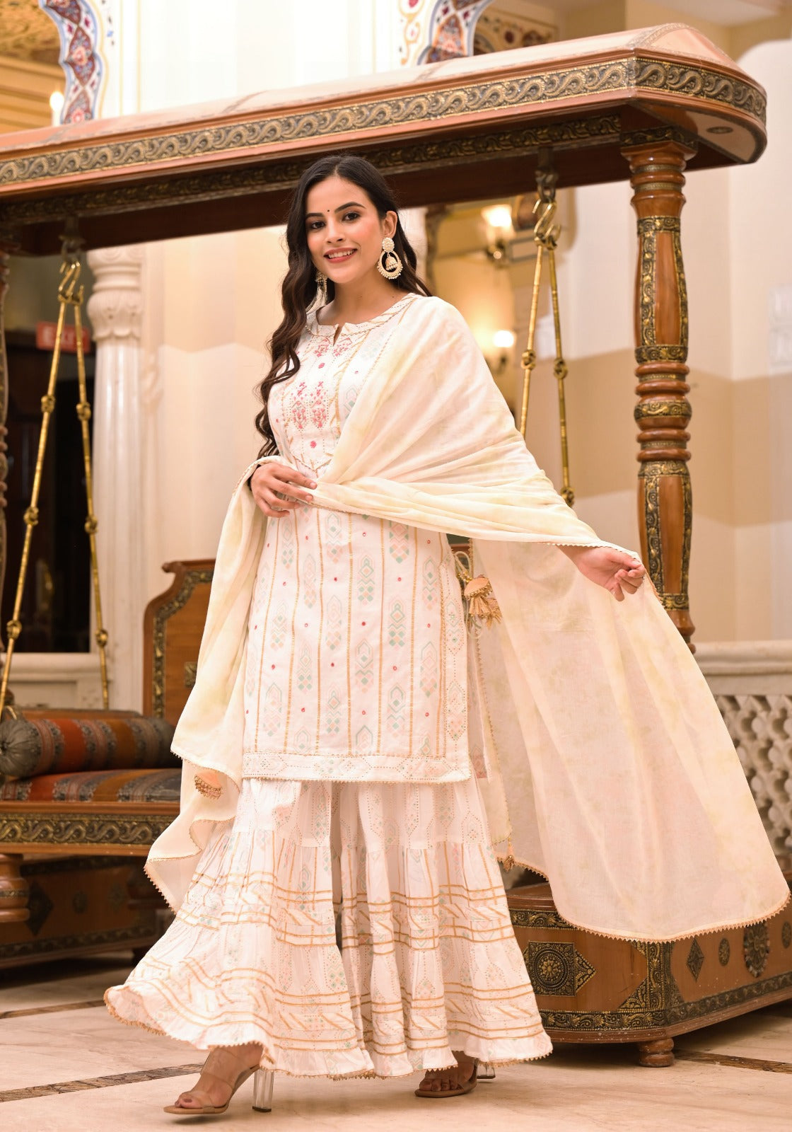 Kiara White Block Printed shrara suit set