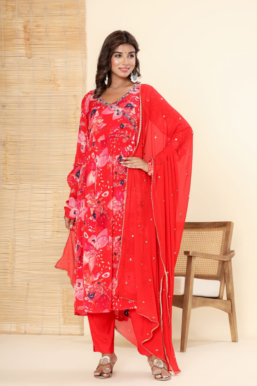 Radha red Floral Printed Nyra Pattern Suit Set