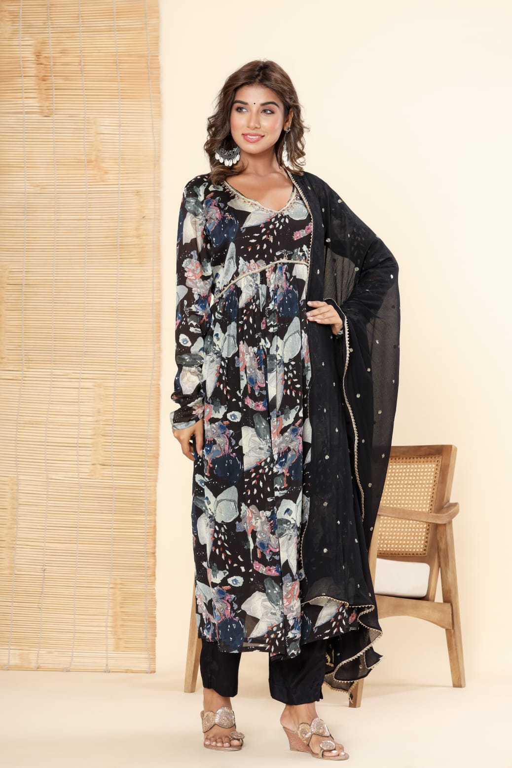 Radha Black Floral Printed Alia Pattern Suit Set