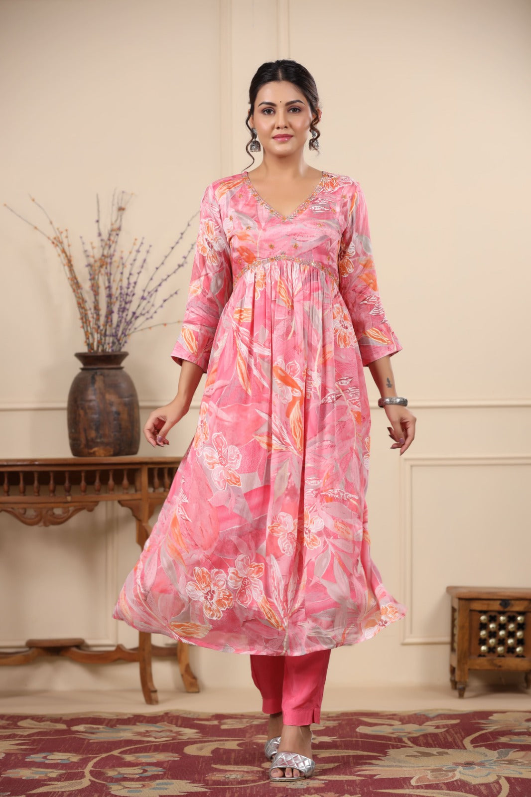 Heena Pink Leaf Printed Alia Pattern Suit Set