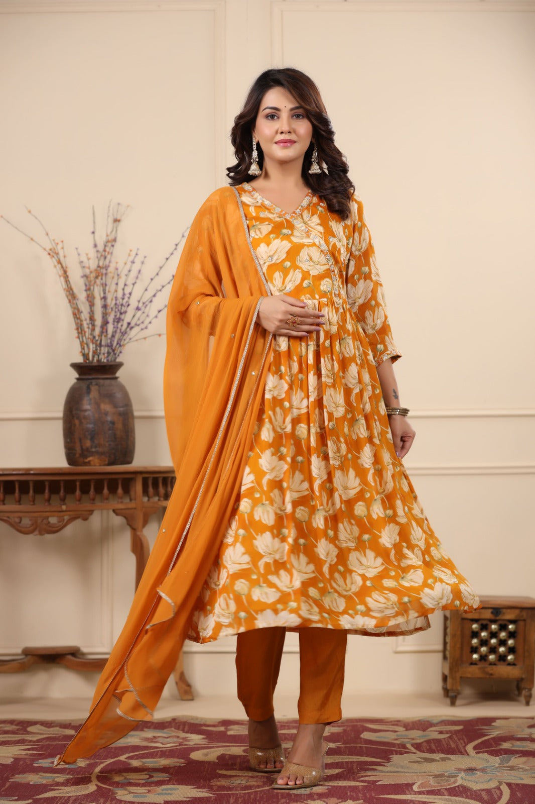 Radha Mustard Orange Floral Printed Nyra Pattern Suit Set