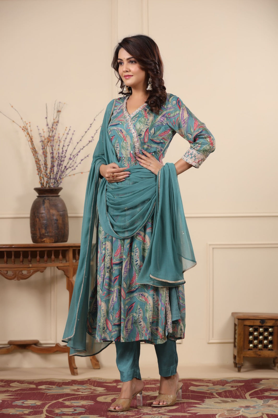 Radha Sea green Floral Printed Nyra Pattern Suit Set