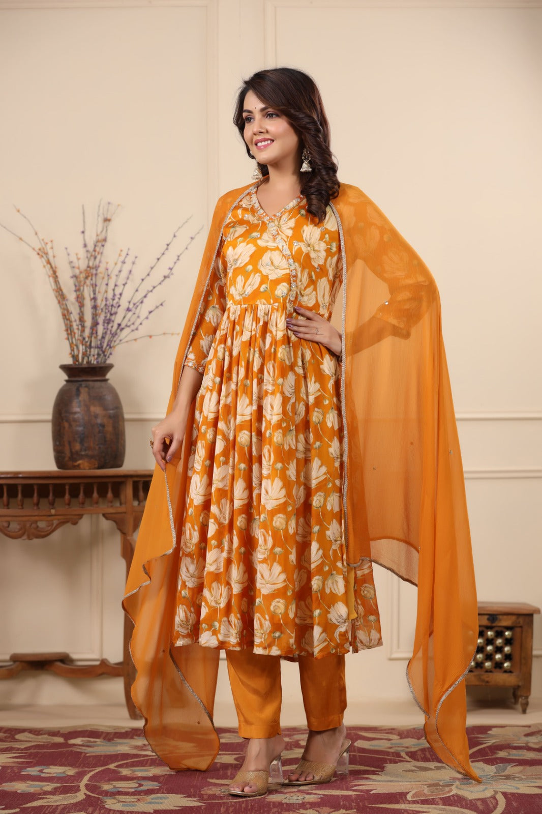 Radha Mustard Orange Floral Printed Nyra Pattern Suit Set