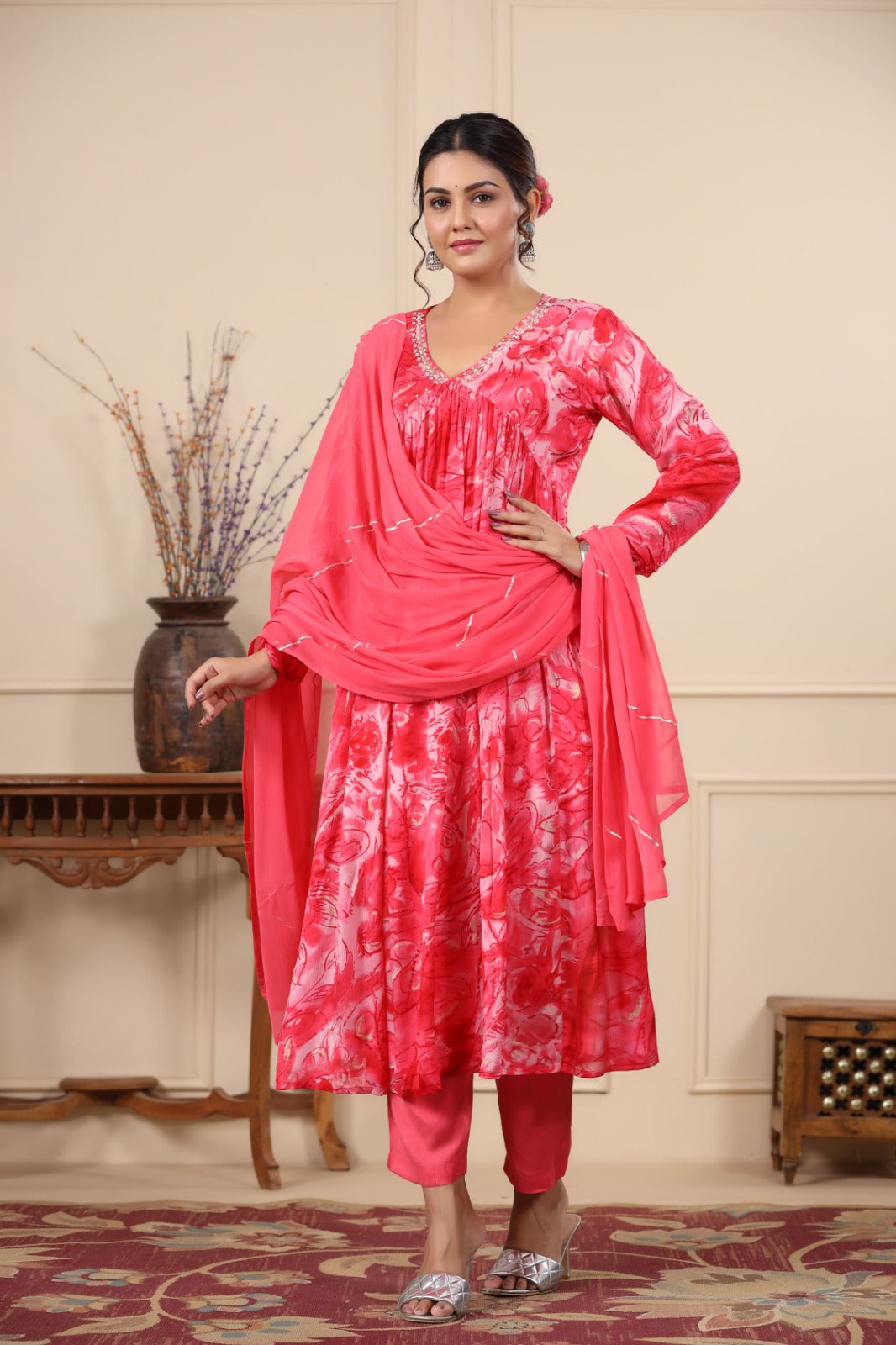 Heena Shades of Pink Printed Alia Pattern Suit Set