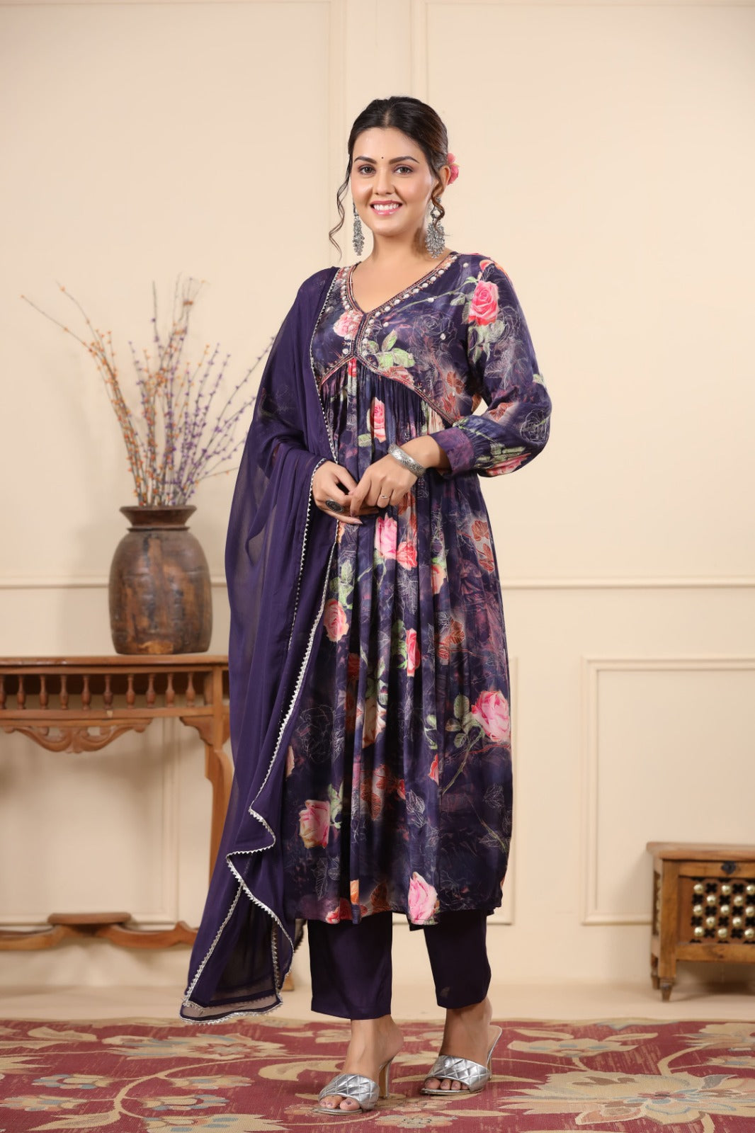 Heena Purple Digital Printed Alia Pattern Suit Set