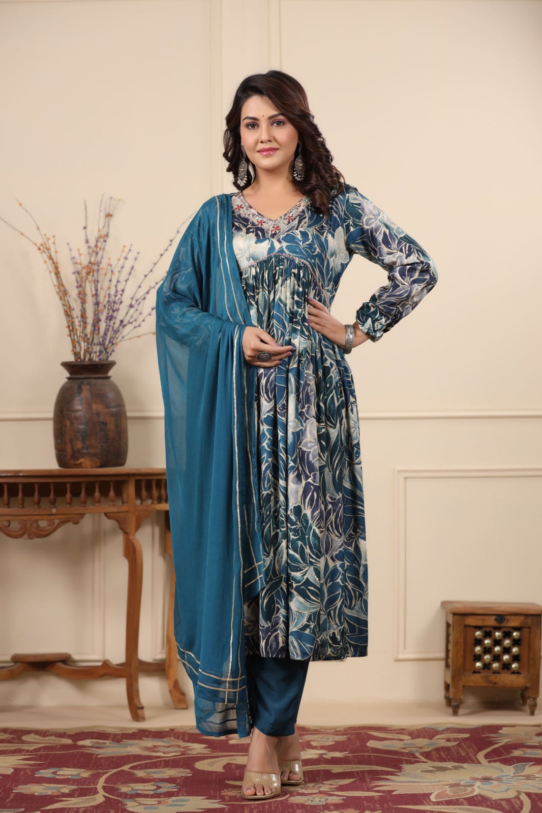 Heena Peacock Blue Printed Alia Pattern Suit Set