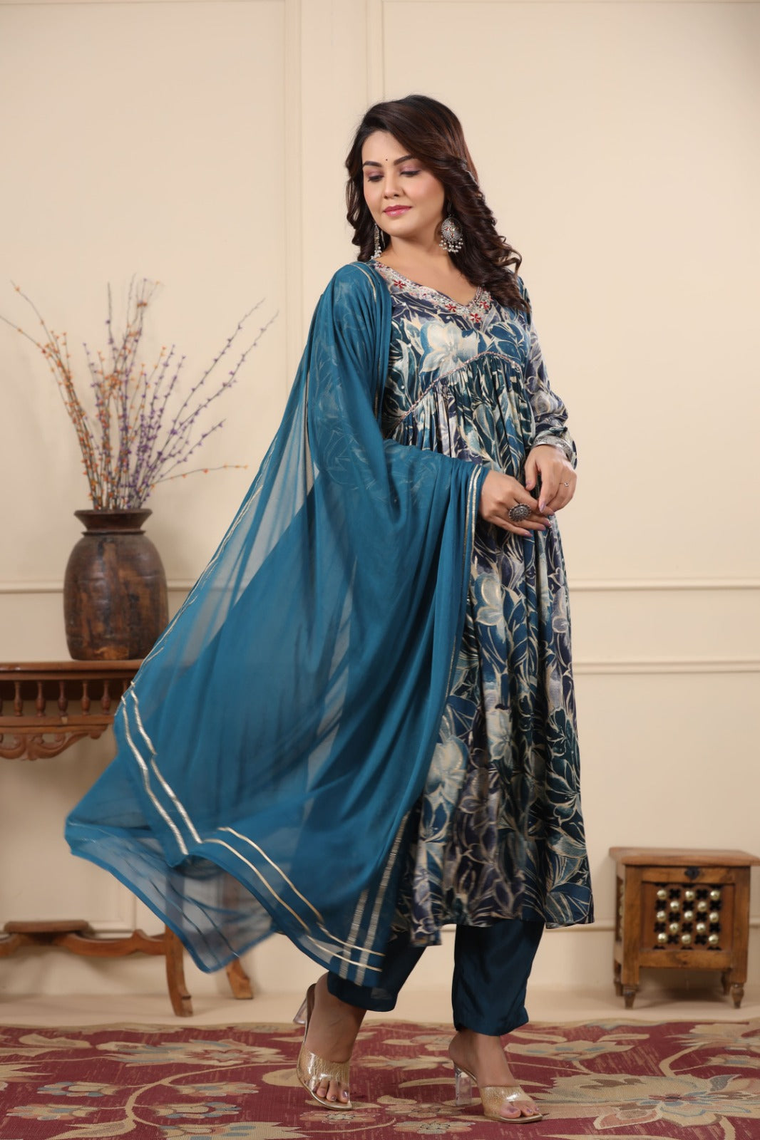 Heena Peacock Blue Printed Alia Pattern Suit Set