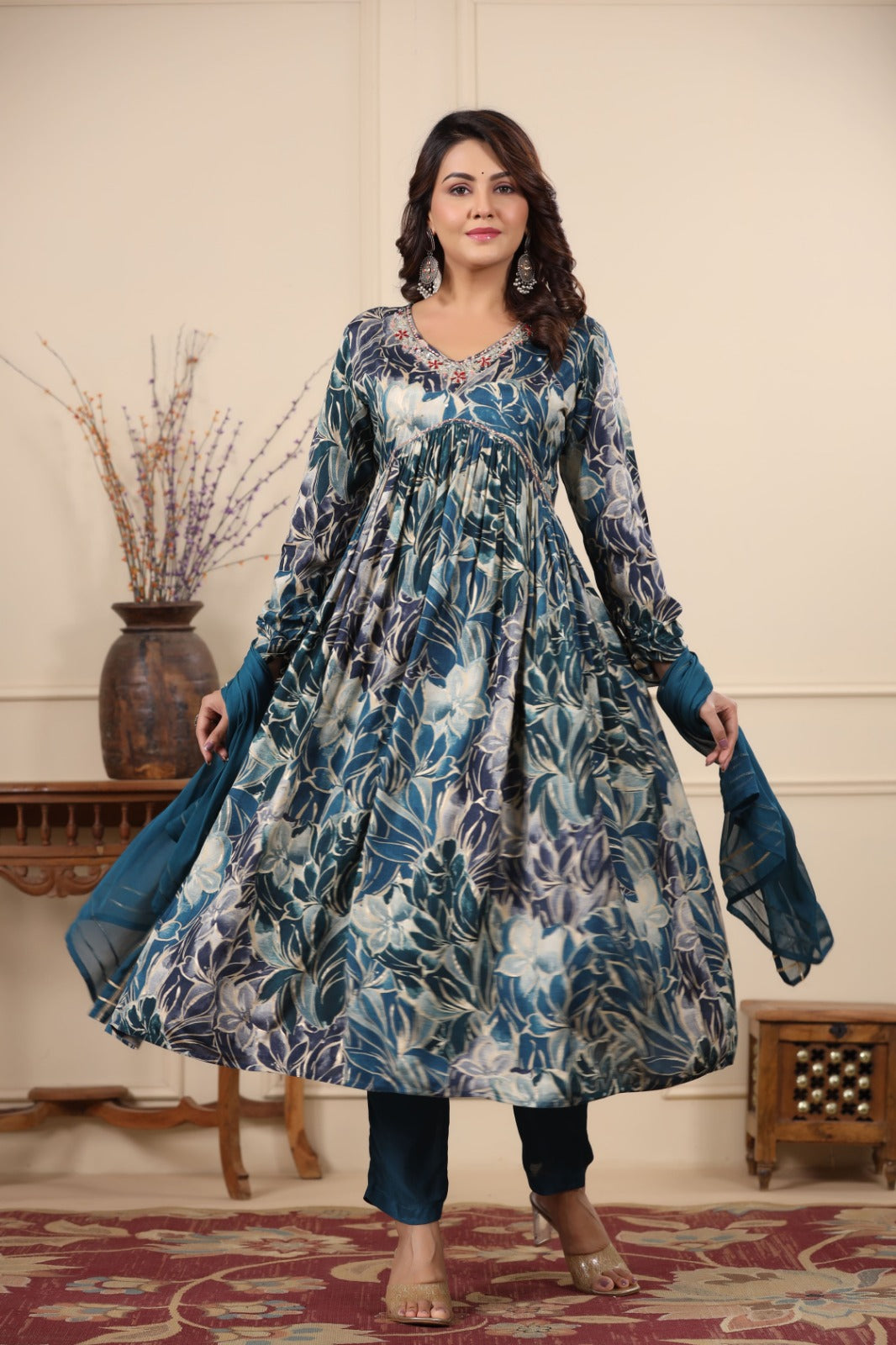 Heena Peacock Blue Printed Alia Pattern Suit Set