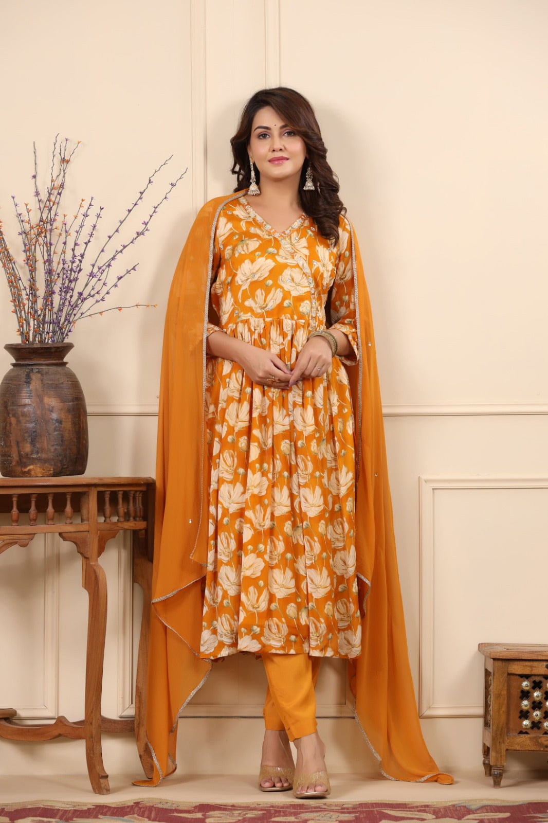 Radha Mustard Orange Floral Printed Nyra Pattern Suit Set