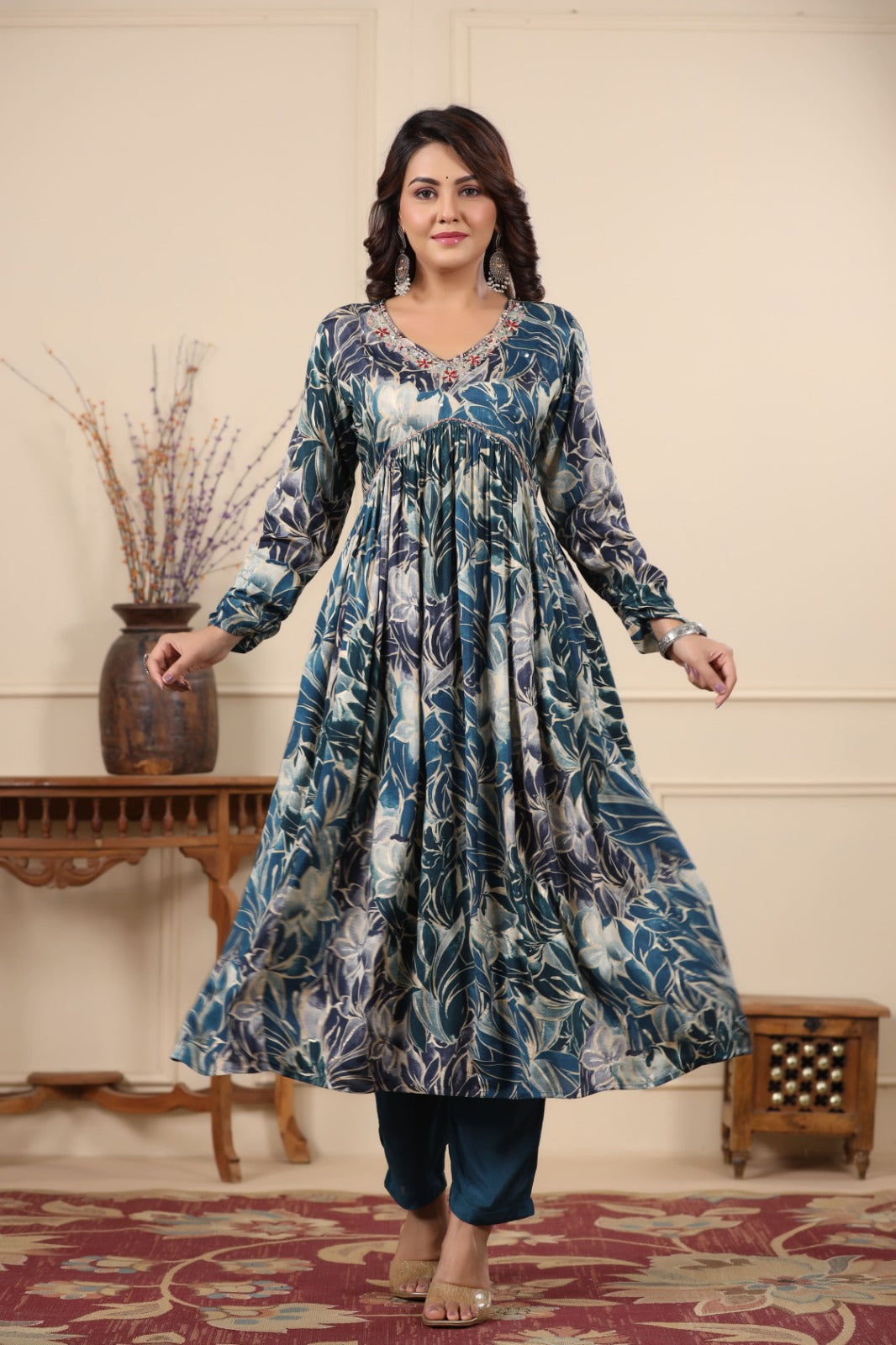 Heena Peacock Blue Printed Alia Pattern Suit Set