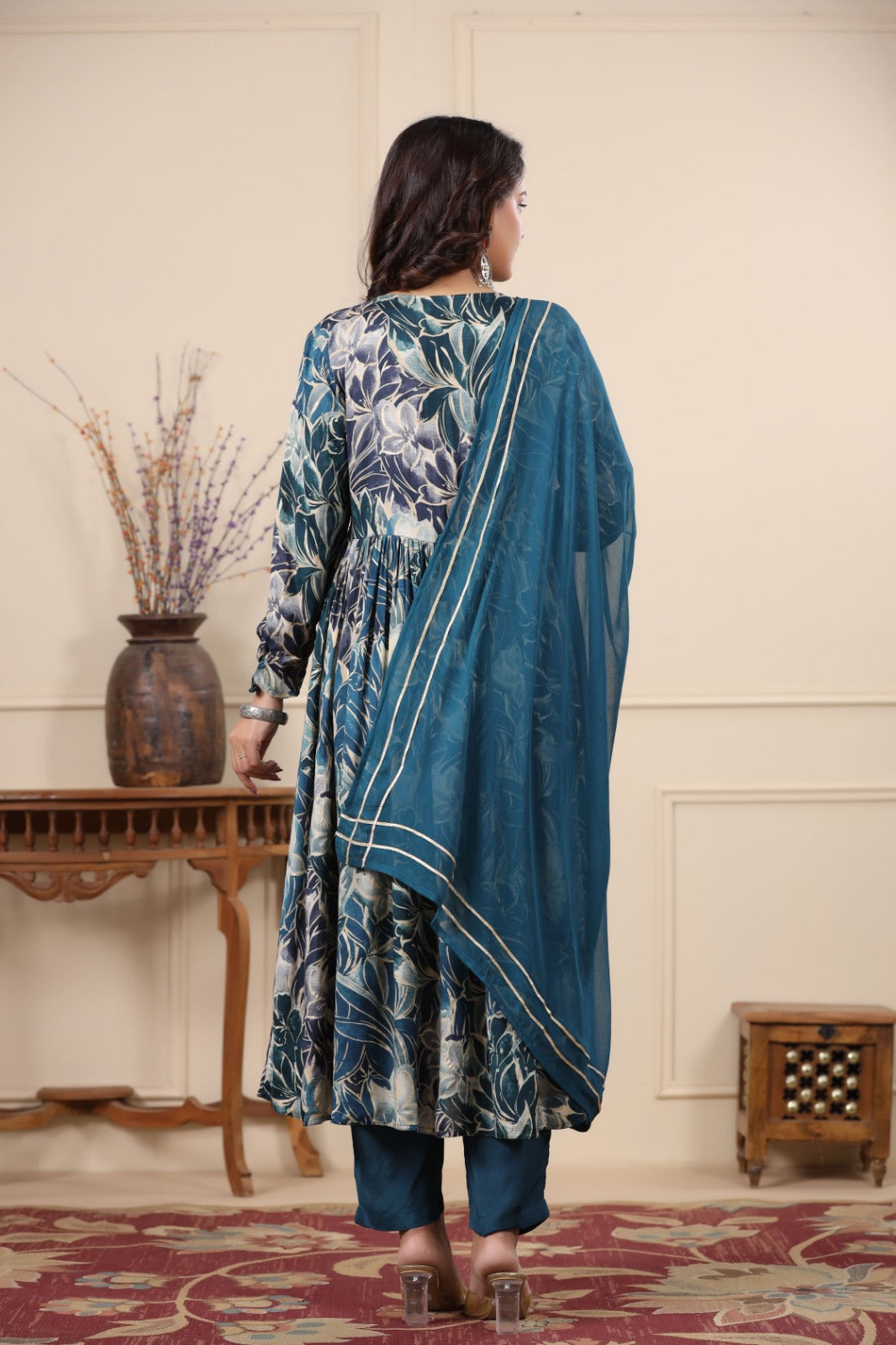 Heena Peacock Blue Printed Alia Pattern Suit Set