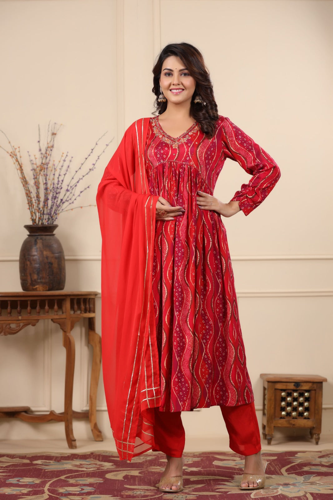 Heena Red Printed Alia Pattern Suit Set