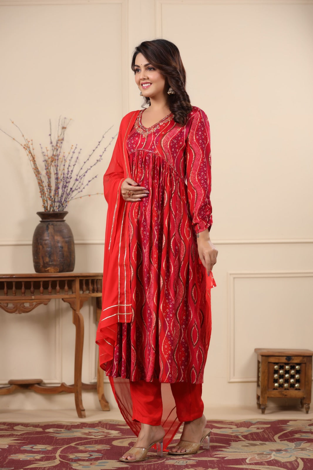 Heena Red Printed Alia Pattern Suit Set