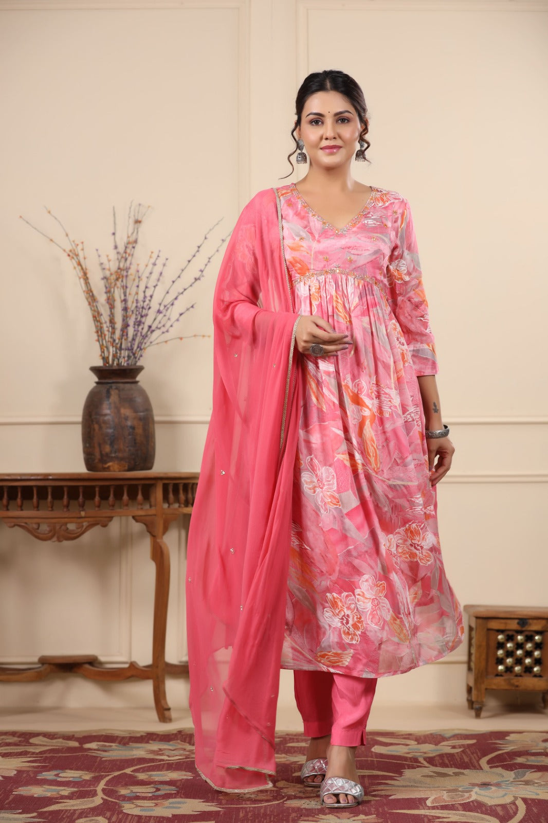 Heena Pink Leaf Printed Alia Pattern Suit Set