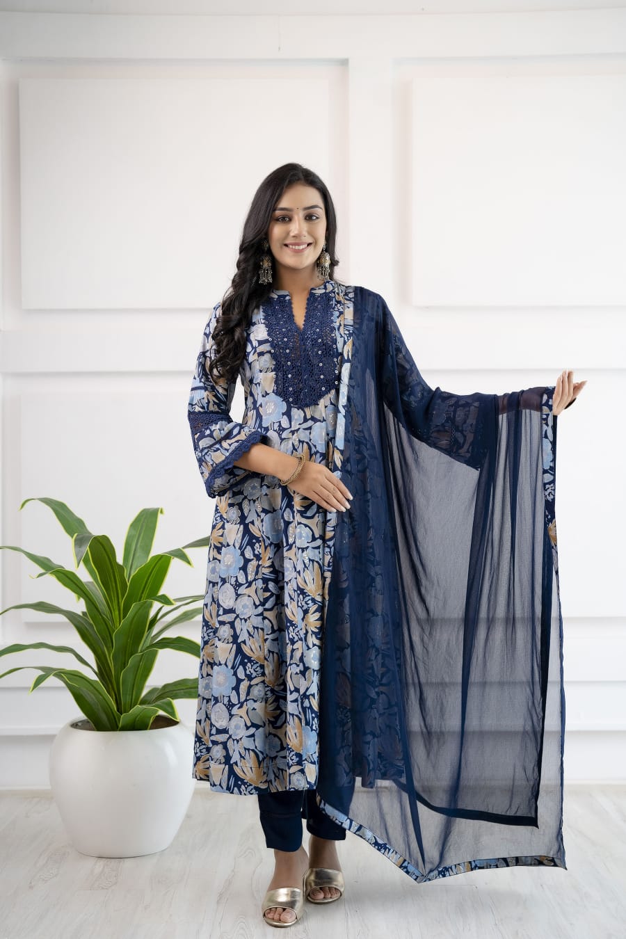 Heena Floral Printed Pakistani Style Shades of Blue Anarkali Suit Set