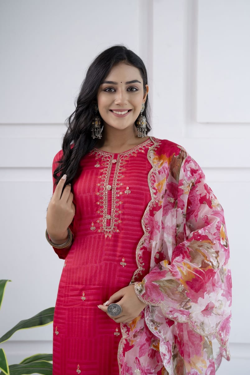 Kiara Solid Pink embroidered straight Suit Set