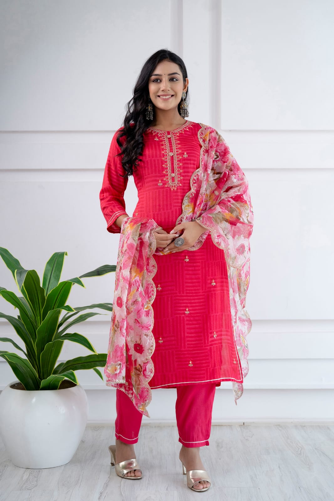 Kiara Solid Pink embroidered straight Suit Set