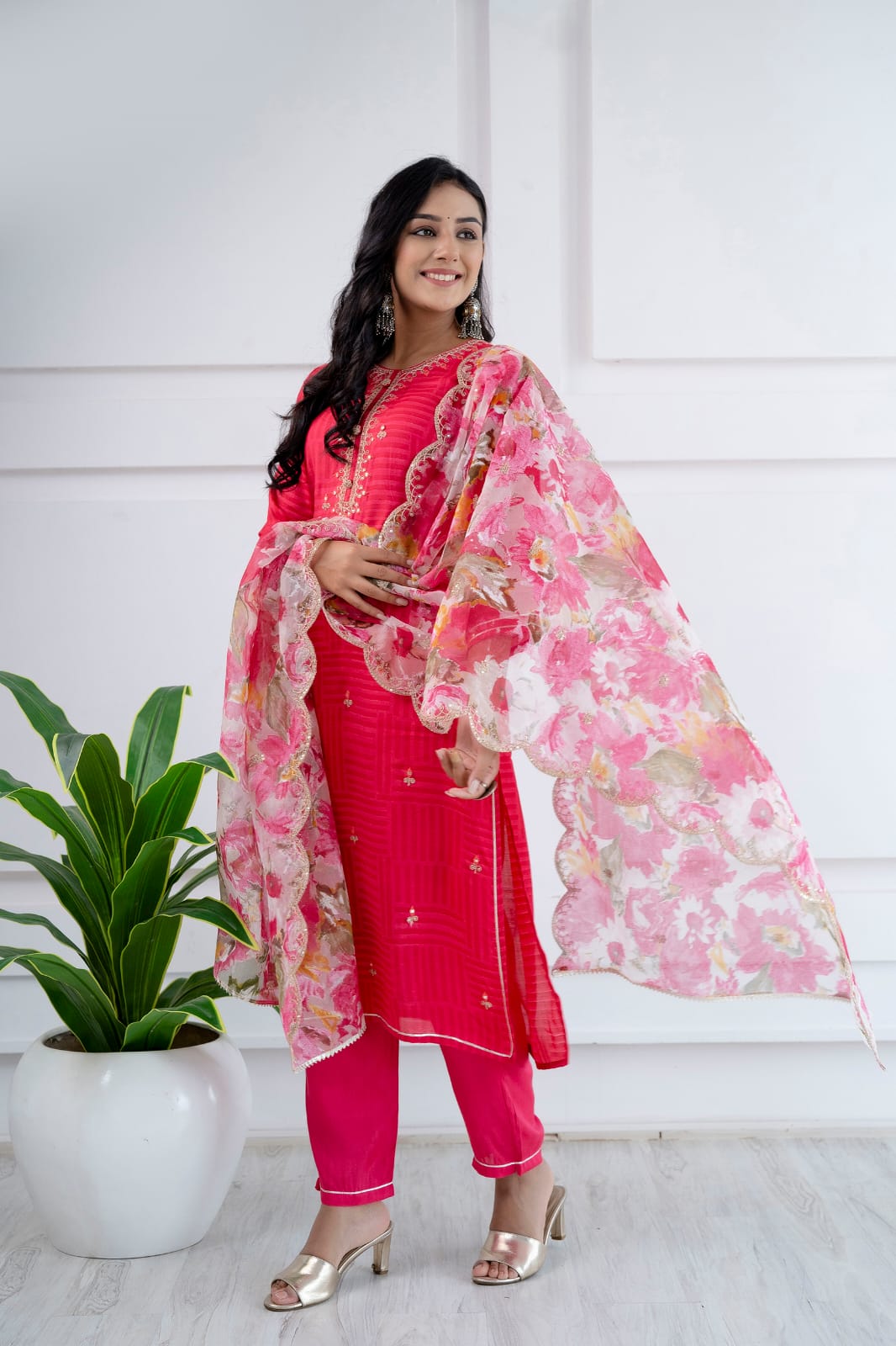 Kiara Solid Pink embroidered straight Suit Set