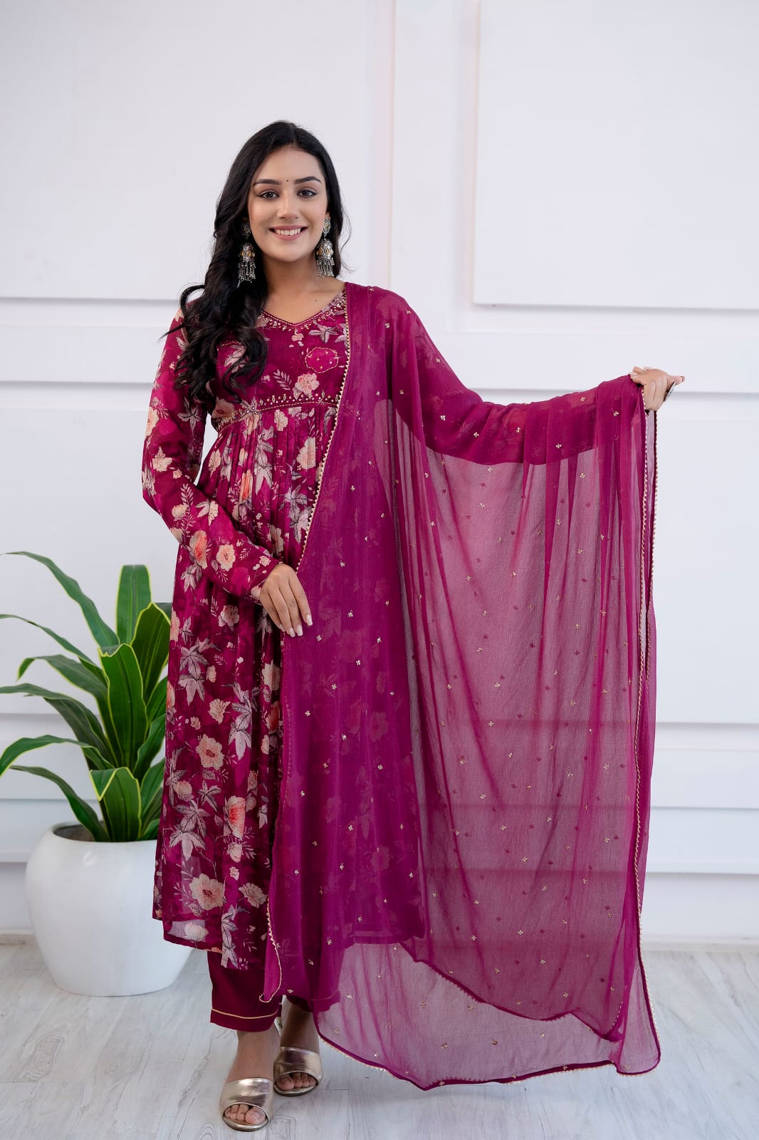 Radha Wine Floral Printed Alia Pattern Suit Set