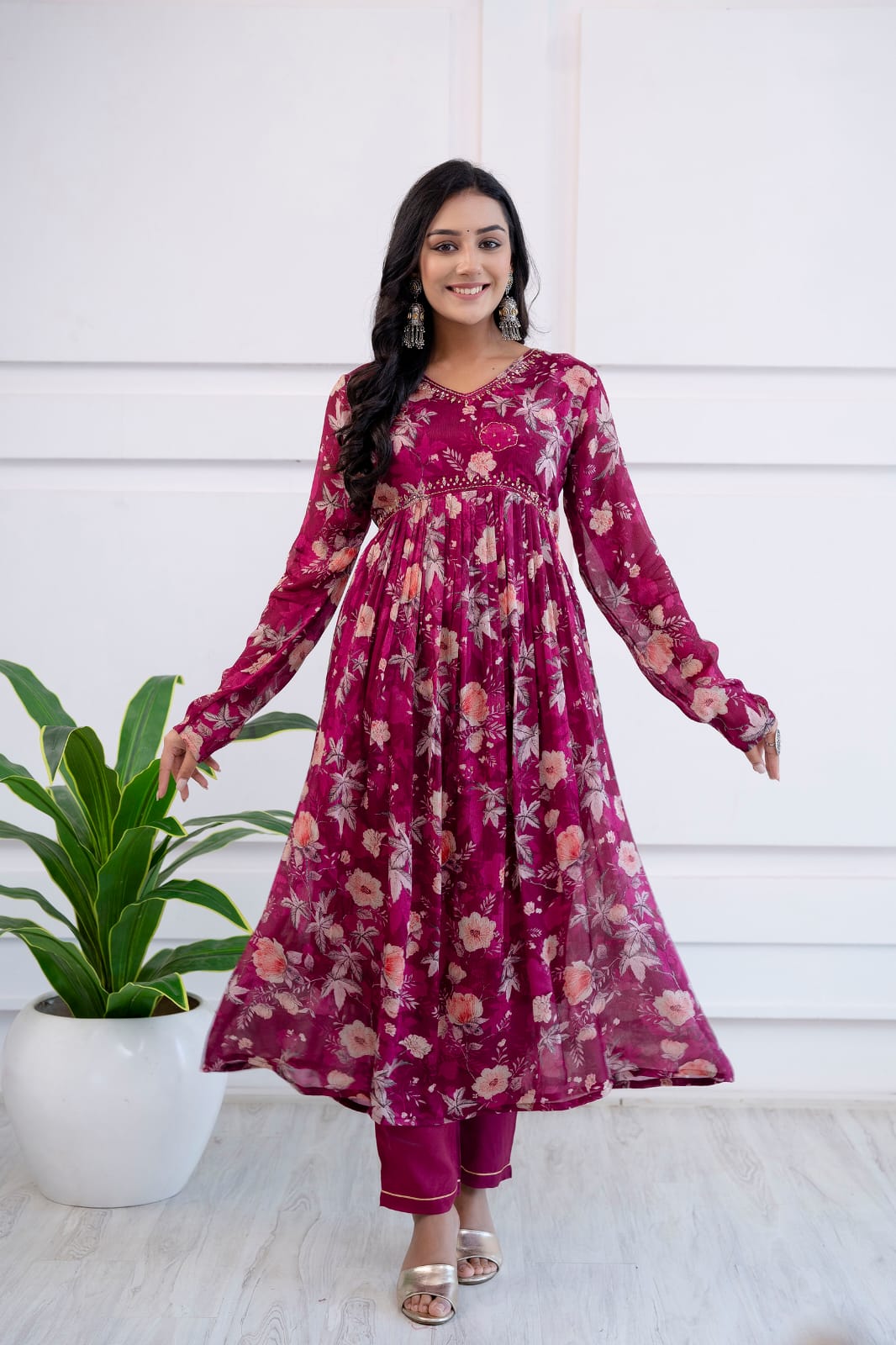 Radha Wine Floral Printed Alia Pattern Suit Set