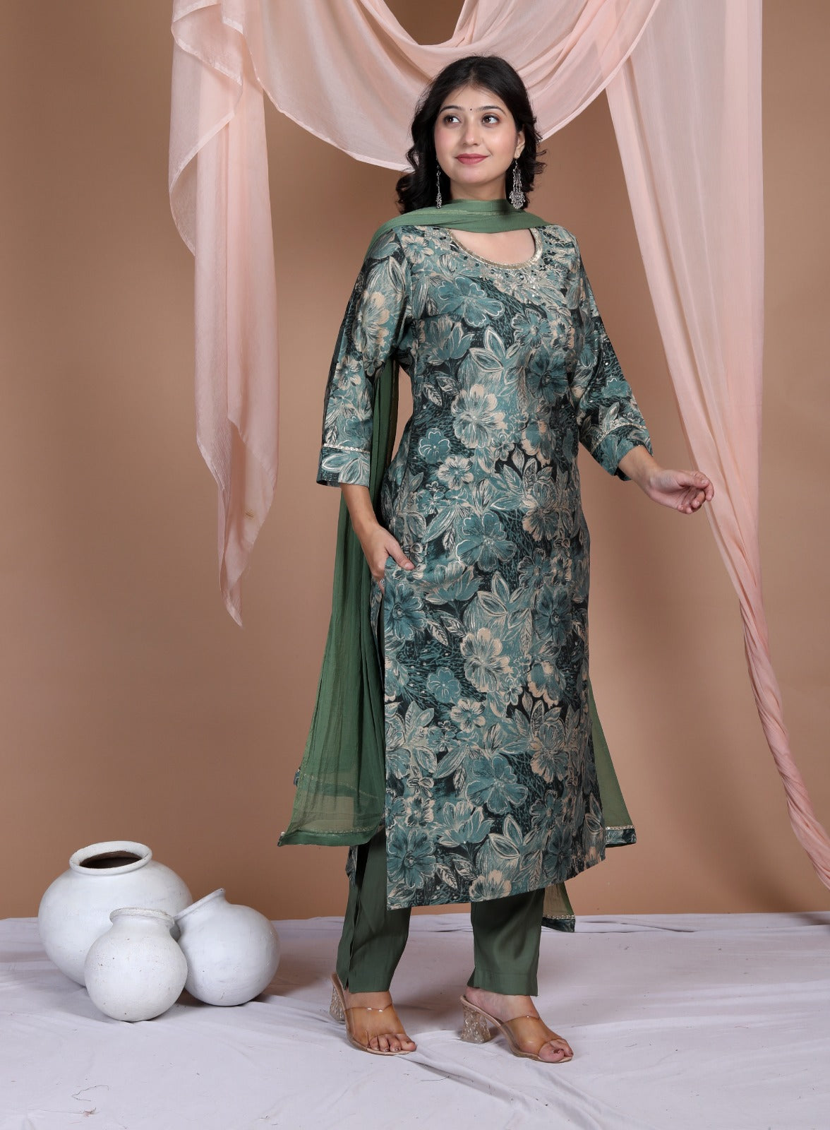 Vihaa shades of Green Digital Printed embroidered straight Suit Set