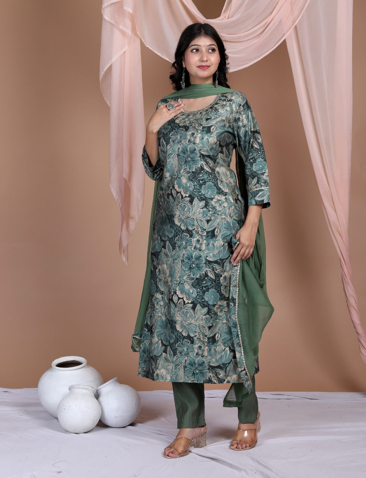 Vihaa shades of Green Digital Printed embroidered straight Suit Set