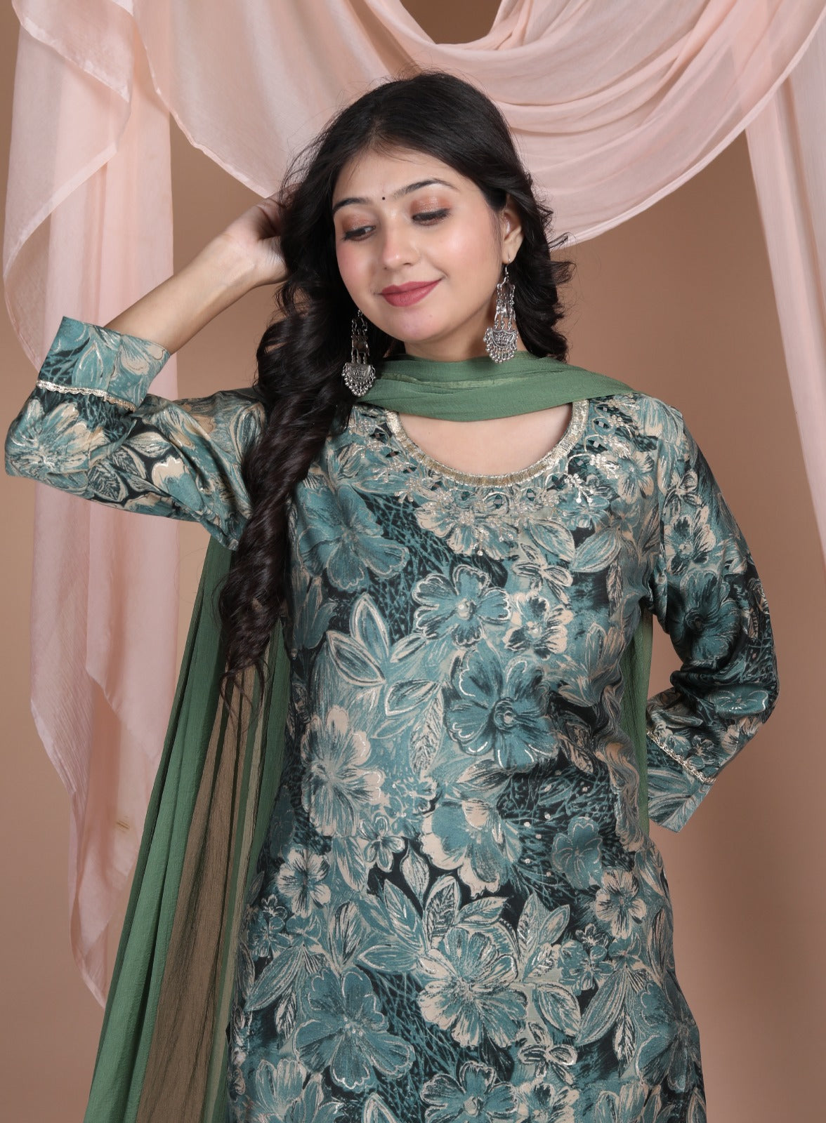 Vihaa shades of Green Digital Printed embroidered straight Suit Set